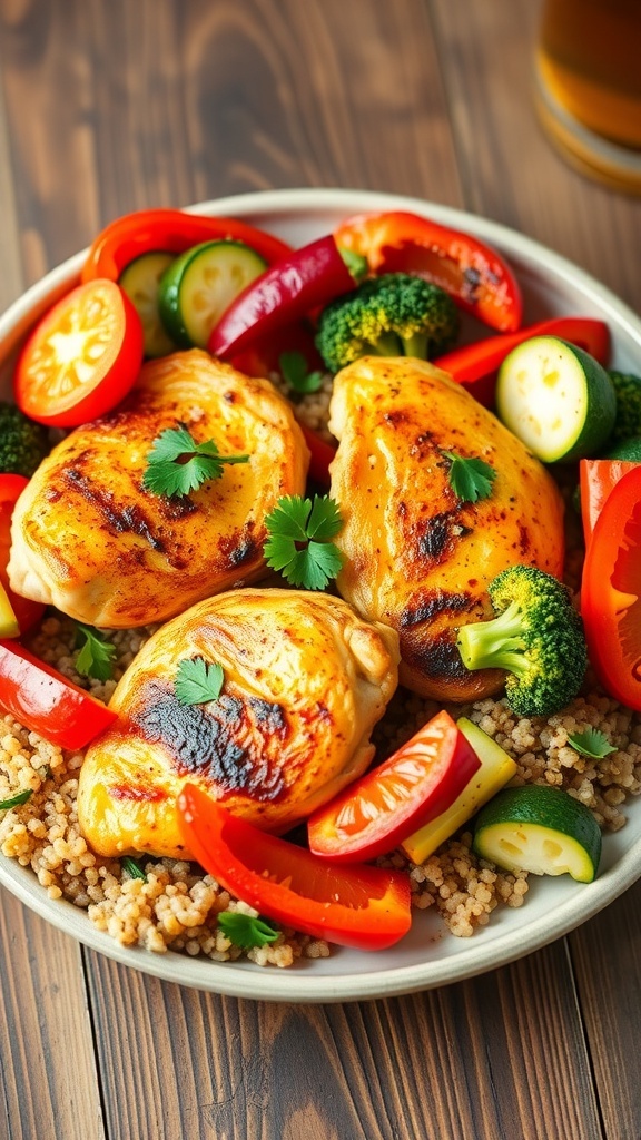 Healthy Air Fryer Chicken and Vegetables Dinner Recipe Air fryer chicken and vegetables served on a plate, garnished with parsley, with quinoa on the side.